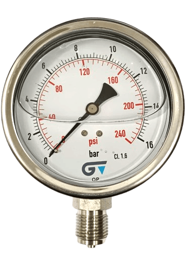Manômetro DN100 Caixa em Aço Inoxidável com Glicerina Saída Vertical 1/2” BSP de 0 a 16 Bar - MAN-GB-3824016
