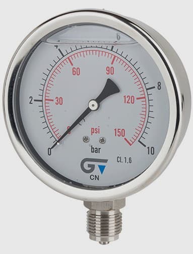 Manômetro DN100 Caixa em Aço Inoxidável com Glicerina Saída Vertical 1/2” BSP de 0 a 10 Bar - MAN-GB-3824010