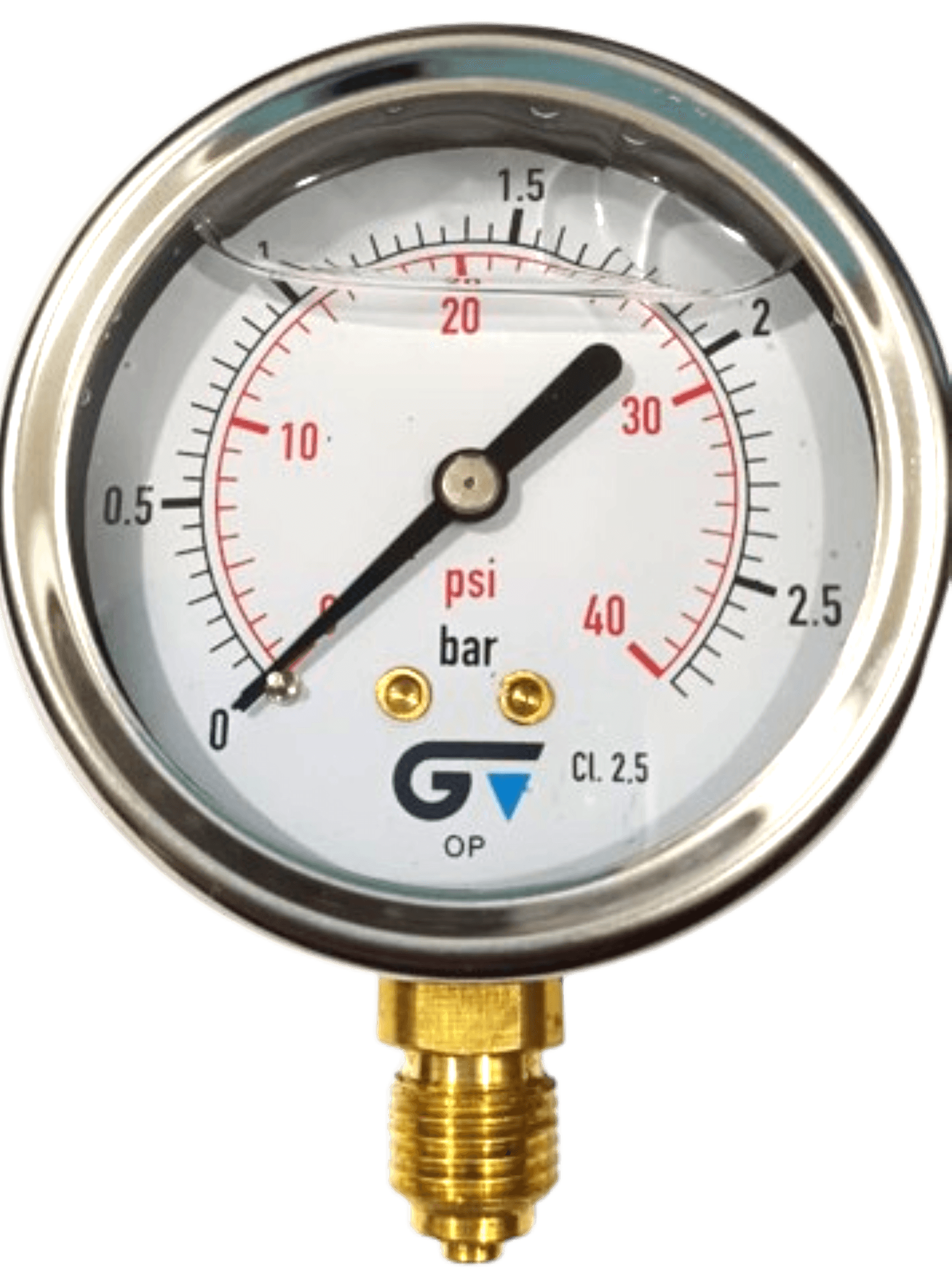 Manômetro DN63 Caixa em Aço Inoxidável com Glicerina Saída Vertical 1/4” BSP de 0 a 2,5 Bar - MAN-GB-3822002