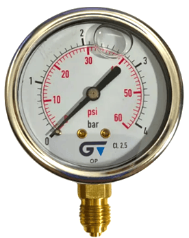 Manômetro DN63 Caixa em Aço Inoxidável com Glicerina Saída Vertical 1/4” BSP de 0 a 4 Bar - MAN-GB-3822004