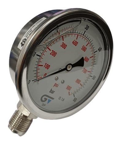 Manômetro DN100 Caixa em Aço Inoxidável com Glicerina Saída Vertical 1/2” BSP de 0 a 60 Bar - MAN-GB-3824060