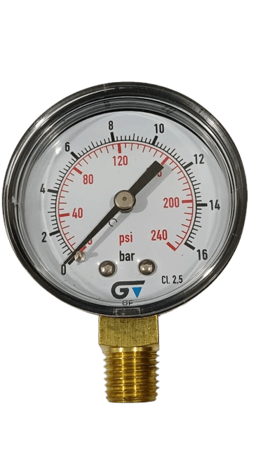 Manômetro DN53 Caixa em ABS sem Glicerina Saída Vertical 1/4” NPT de 0 a 16 Bar -     MAN-GB-3820N016